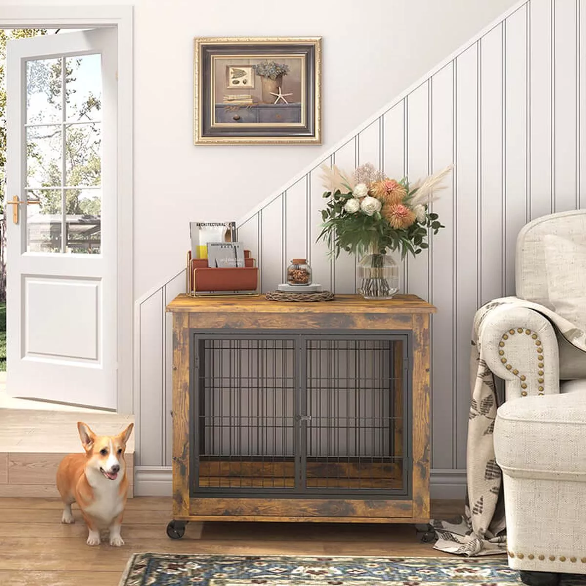 31.5″ Rustic Brown Furniture-Style Dog Crate on Wheels with Double Doors and Lift Top