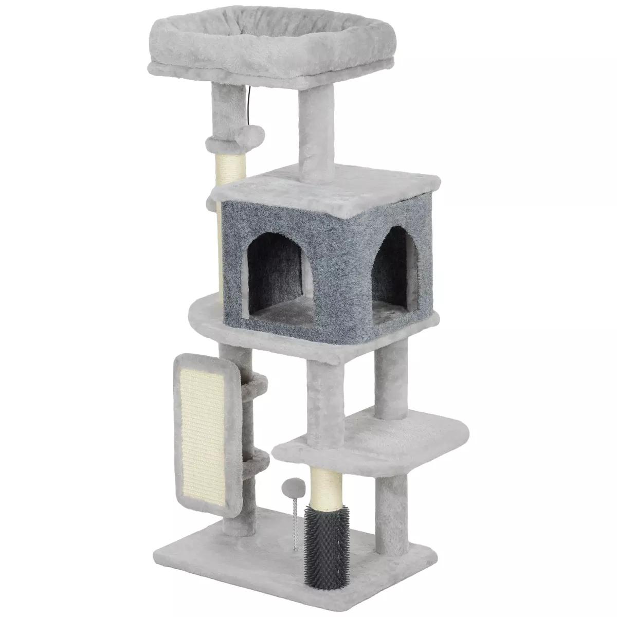 41 Inch Cat Tree, Scratching Posts, Bed, Condo, Grooming Brush – Light Grey, Cream White