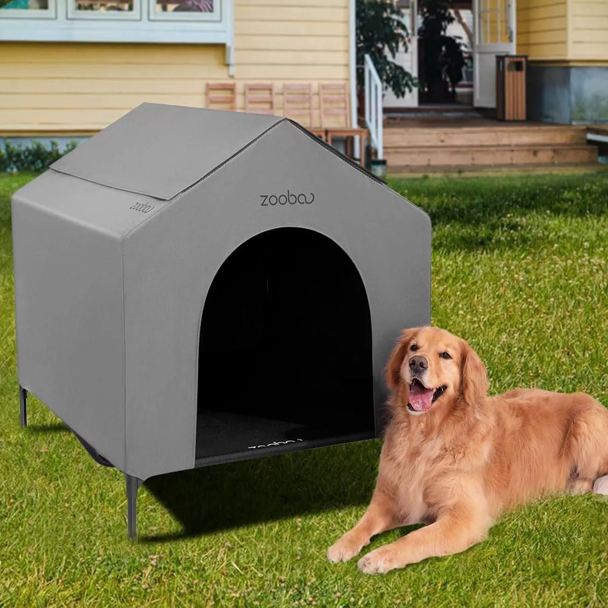 42 Outdoor Dog House for Large Breeds, Durable Large Dog Shelter with Weatherproof 600D PVC Canopy, Breathable 2×1 Textilene Fabric Elevated Dog Bed, XL Dog Kennel for Outside Use