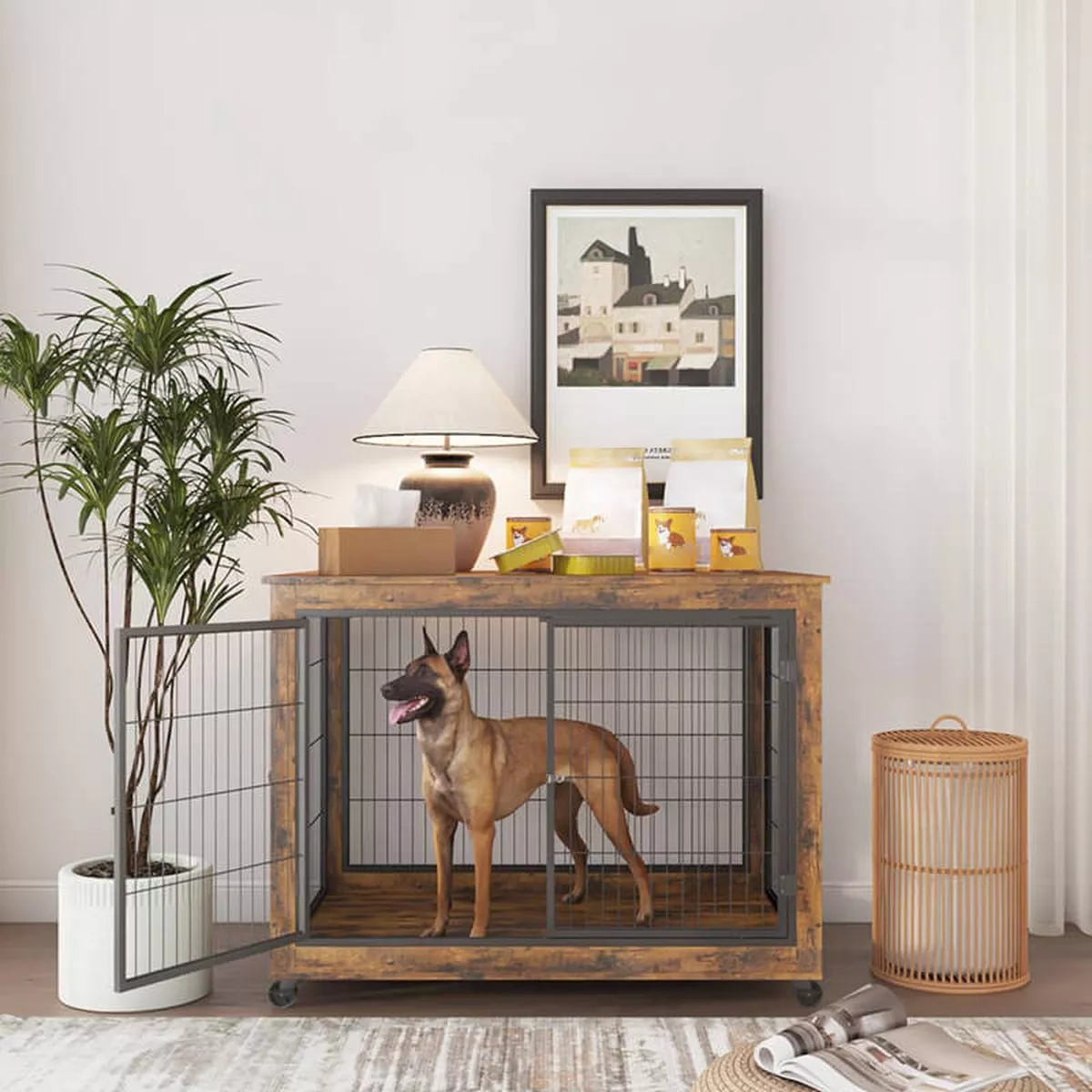 43″ Rustic Brown Furniture-Style Dog Crate on Wheels with Double Doors and Lift Top