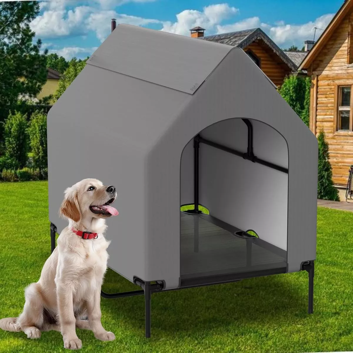 48 Extra Large Dog House-2-in-1 Extra Large Dog House with 8.5 Elevated Dog Bed-Weatherproof Waterproof Outdoor Dog House,Easy to Clean