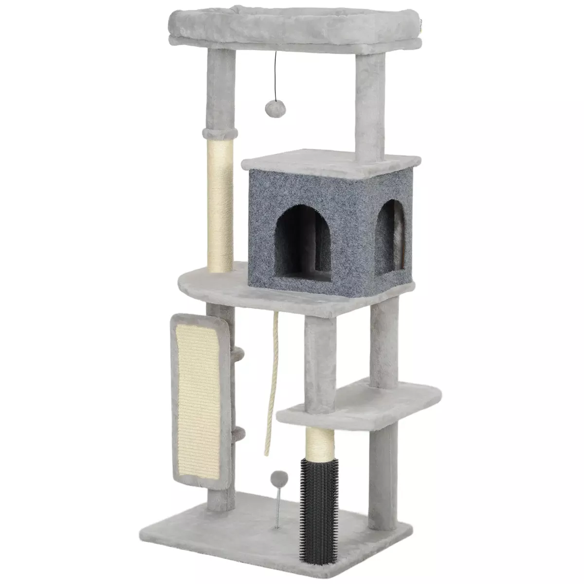 52 Inch Cat Tree, Scratching Posts, Bed, Condo, Grooming Brush – Light Grey, Cream White