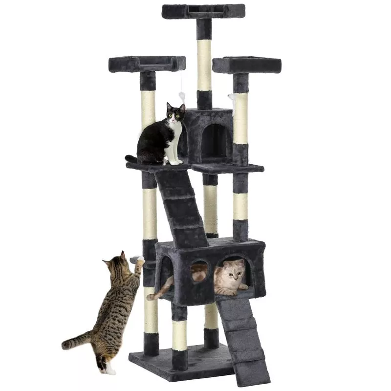 68-Inch Multi-Level Cat Scratching Tree, Kitty Activity Center, Charcoal Grey