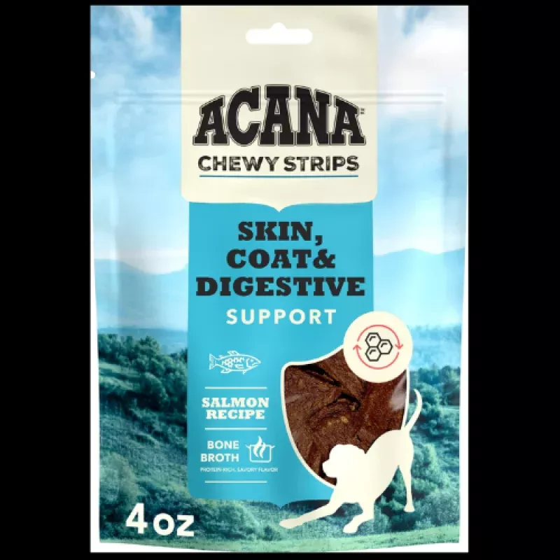 ACANA Chewy Salmon with Skin, Coat, & Digestive Support Strips Dog Treats, 4-oz bag