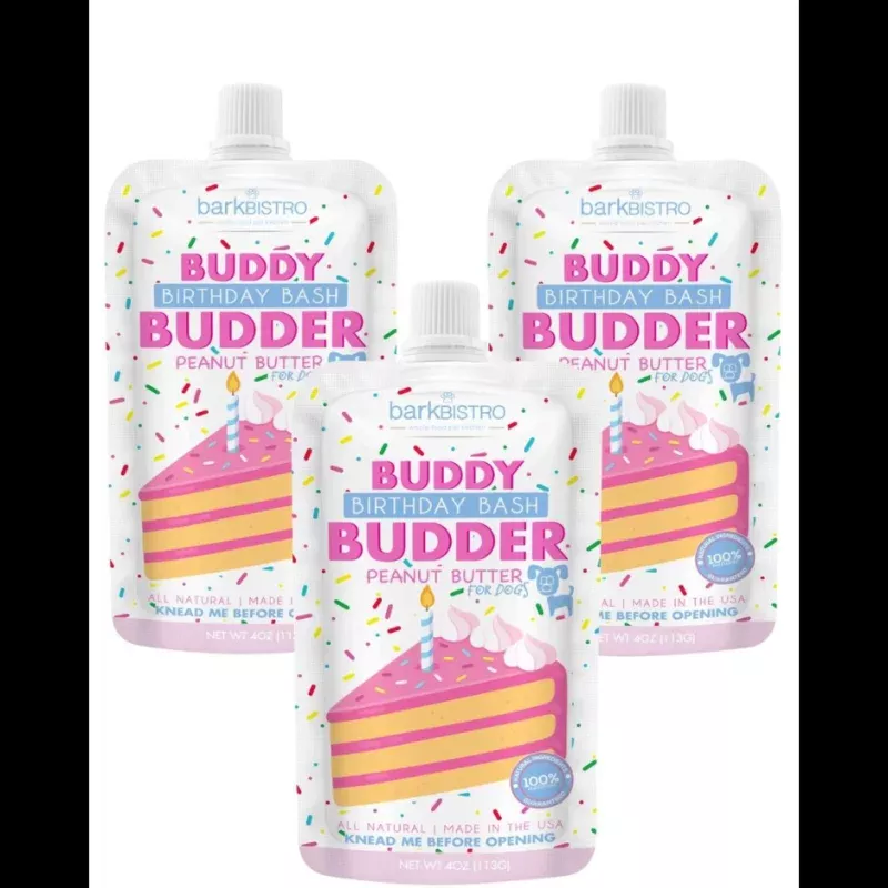 Bark Bistro Buddy Budder Birthday Bash Peanut Butter Squeeze Pack Dog Treat 4-oz