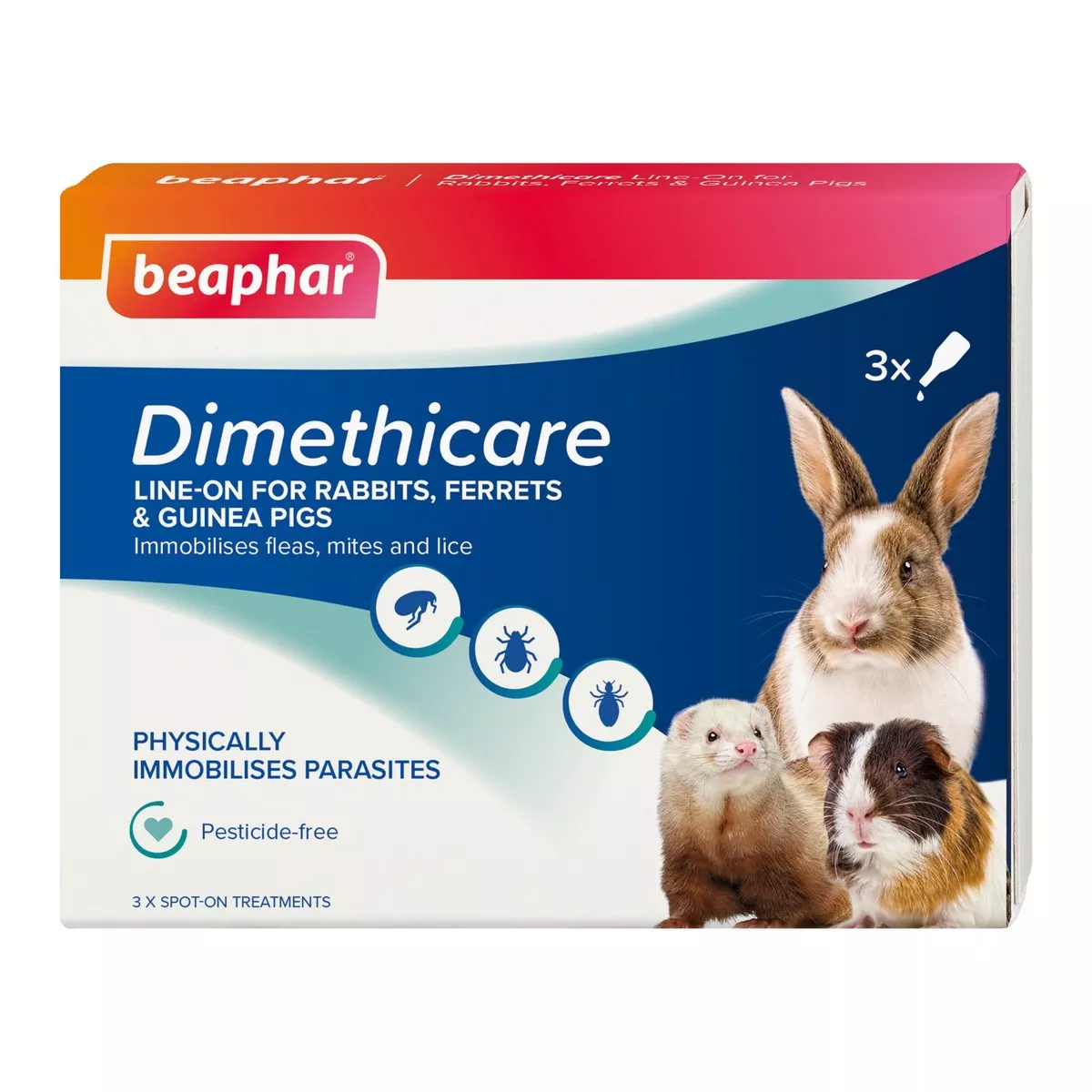 Beaphar Dimethicare Line-On Mite Flea & Lice Control for Rabbits Guinea Pigs & Ferrets - 3 Pipettes