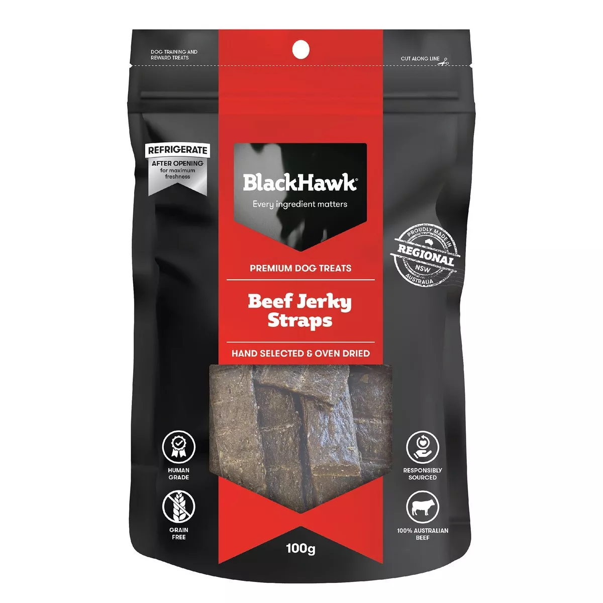 Black Hawk Dog Treats Beef Jerky Straps 100g