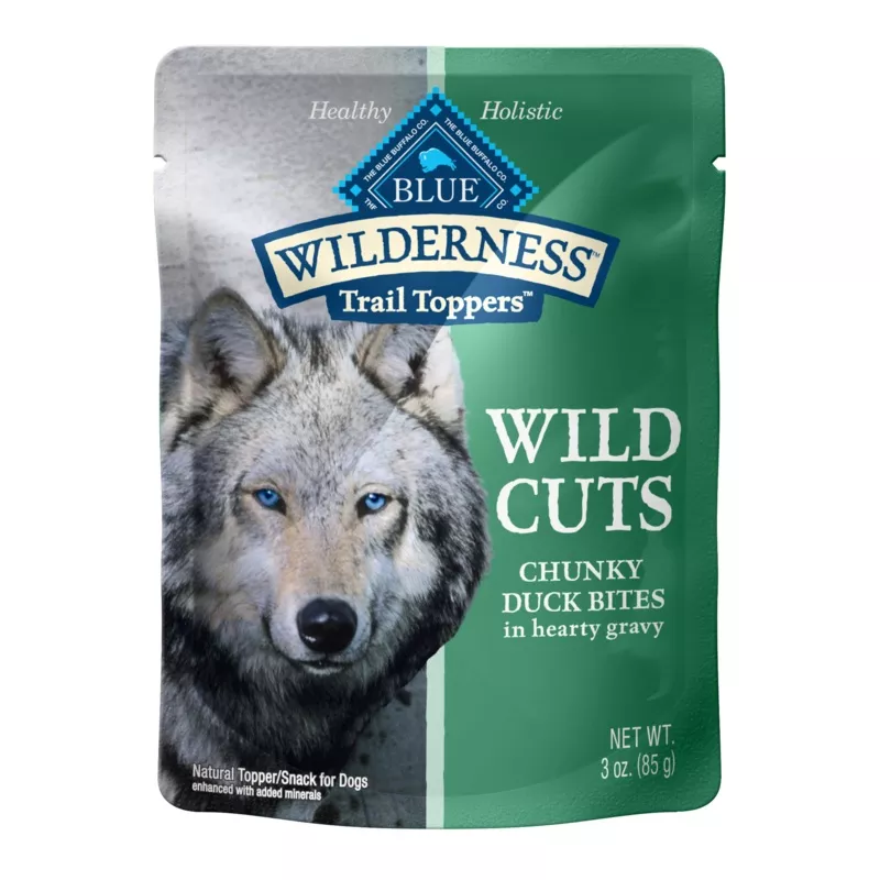 Blue Buffalo Wilderness Trail Toppers Wild Cuts High Protein, Natural Wet Dog Food, Chunky Duck Bites in Hearty Gravy 3-oz pouches, Case of 24