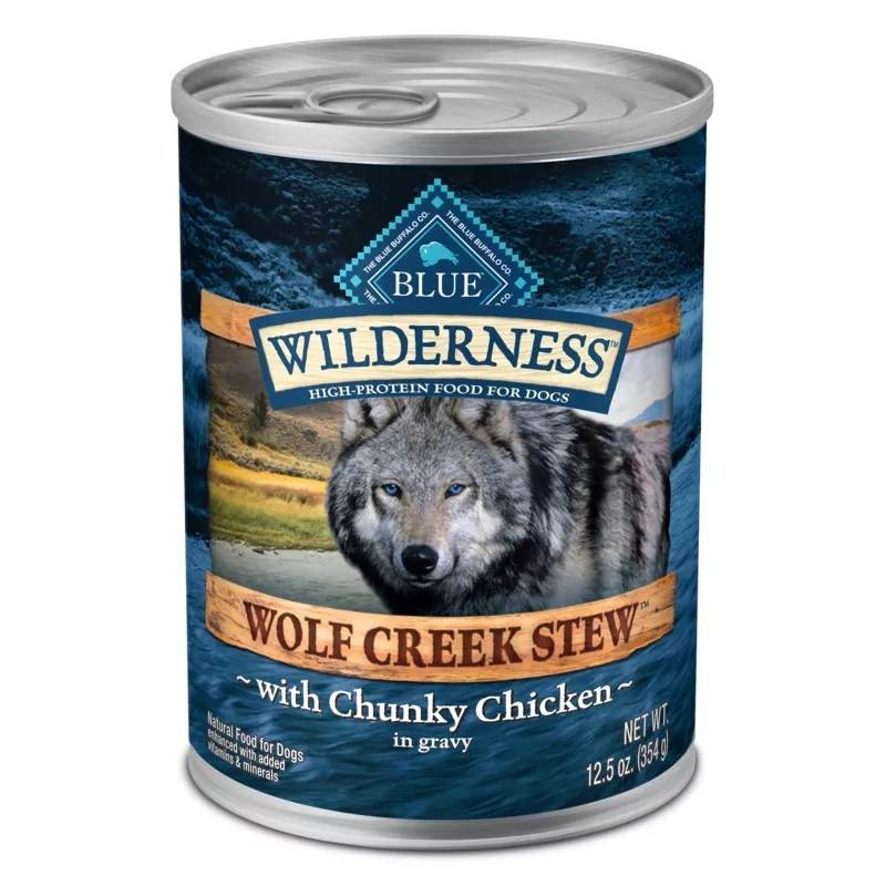 Blue Buffalo Wilderness Wolf Creek Stew High Protein, Natural Wet Dog Food, Chunky Chicken Stew in gravy 12.5-oz, Case of 12