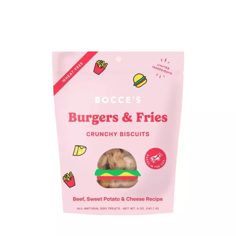 Bocce’s Bakery Burgers & Fries Biscuits, Dog Treats, 5-oz Bag
