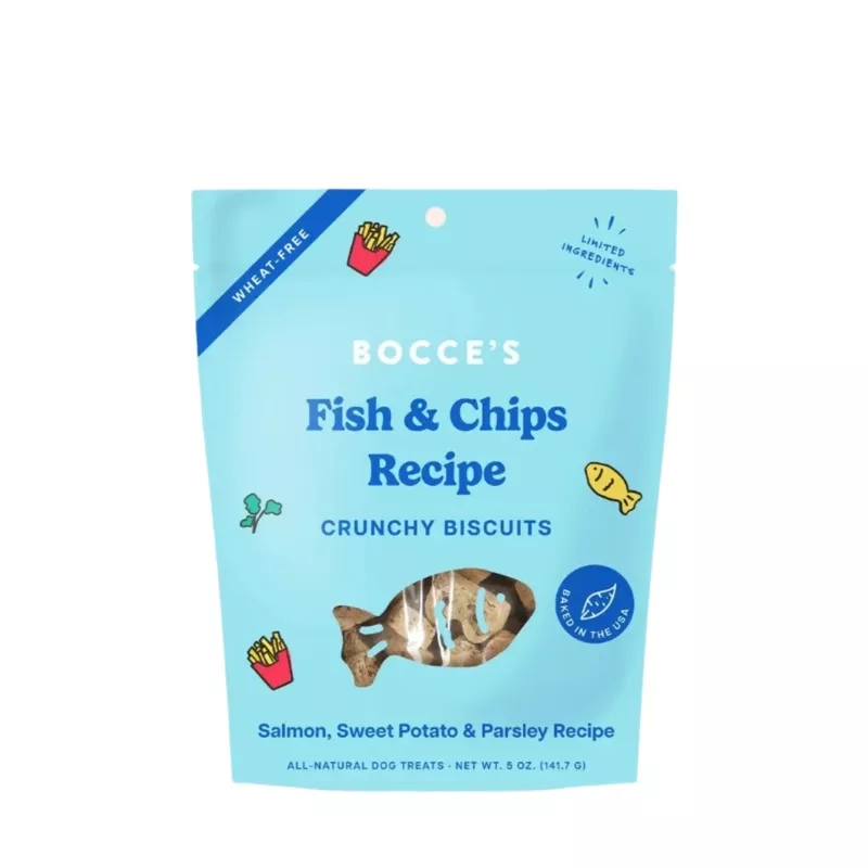 Bocce’s Bakery Fish & Chips Biscuits, Dog Treats, 5-oz Bag