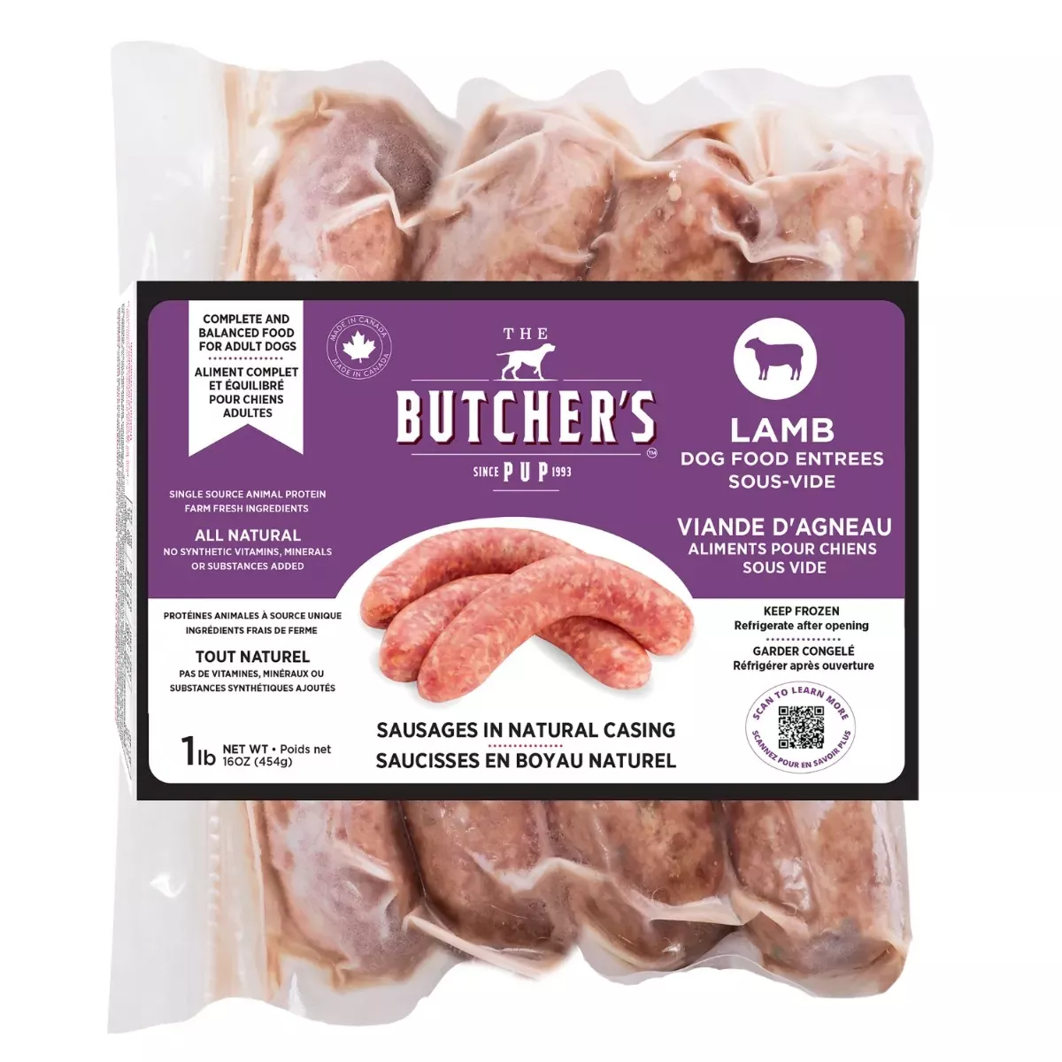 The Butcher's Pup Frozen Sausage Entrees for Dogs - Lamb