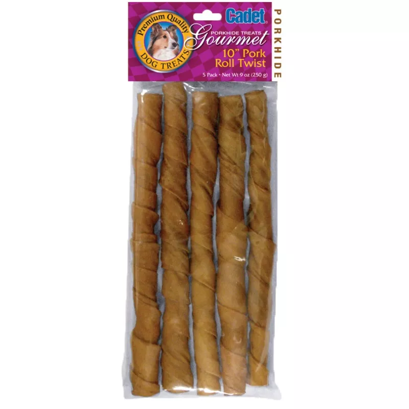 Cadet Pork Hide Twists 10-Inch 5-Pack, Dog Chew