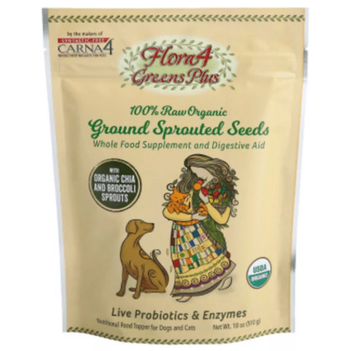 Carna4 Flora4 Greens Plus Sprouted Seeds Food Topper Supplement for Pets