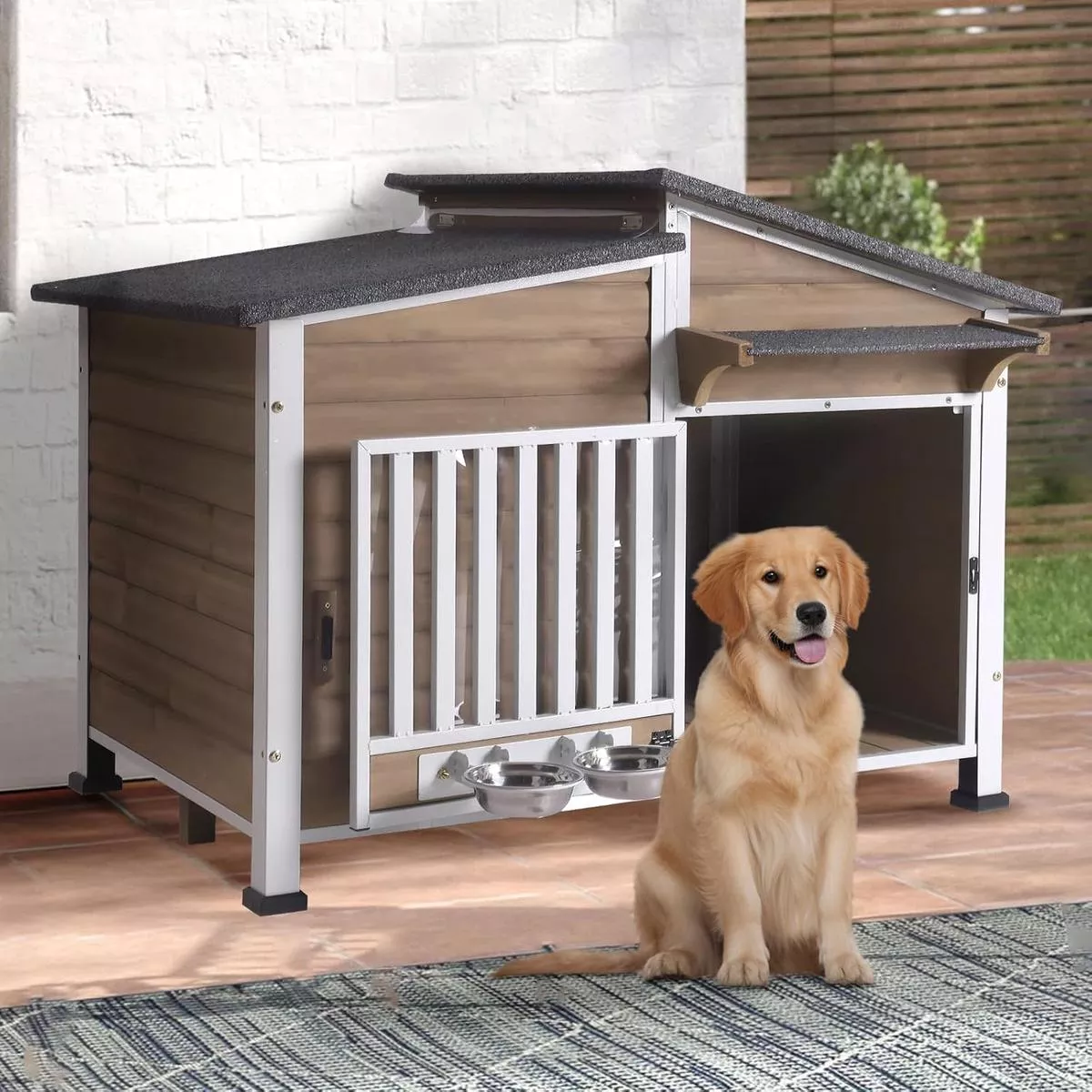 Chew-Resistant Dog House with Metal Frame, Wooden Kennel for Indoor & Outdoor Use, Waterproof Roof & Feeding Bowls Included (Wood, L-in)