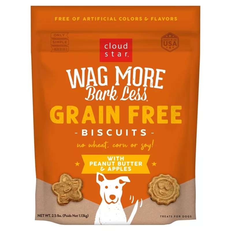 Cloud Star Wag More Bark Less Crunchy Grain Free Dog Treats, Peanut Butter & Apples, 2.5 lbs. Bag