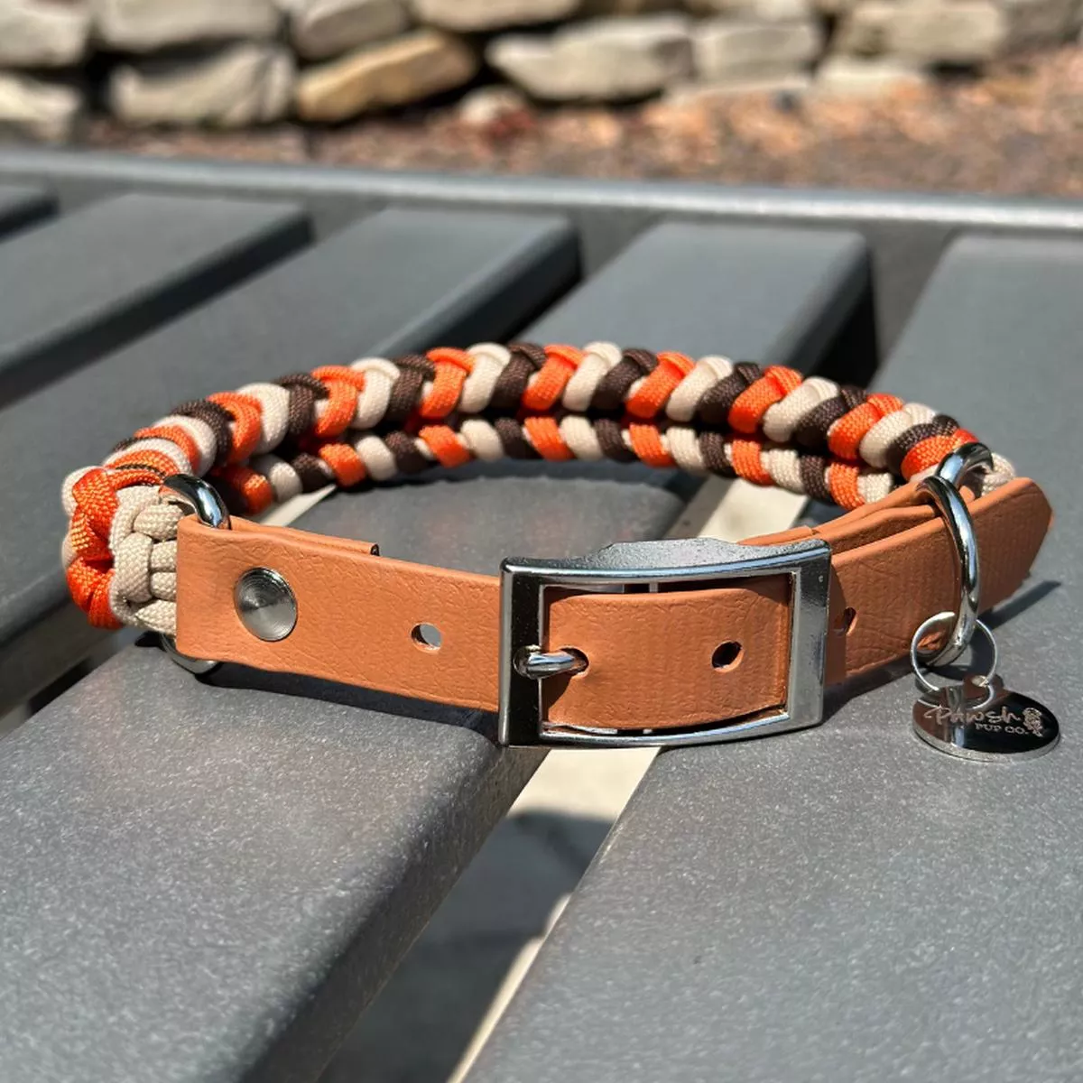 Coiled Charm Hand Braided Dog Collar in Burnt Orange, Walnut Brown, & Light Tan