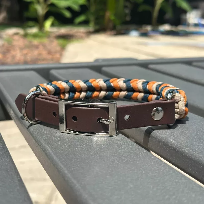 Coiled Charm Hand Braided Dog Collar in Mustard, Navy, & Light Tan