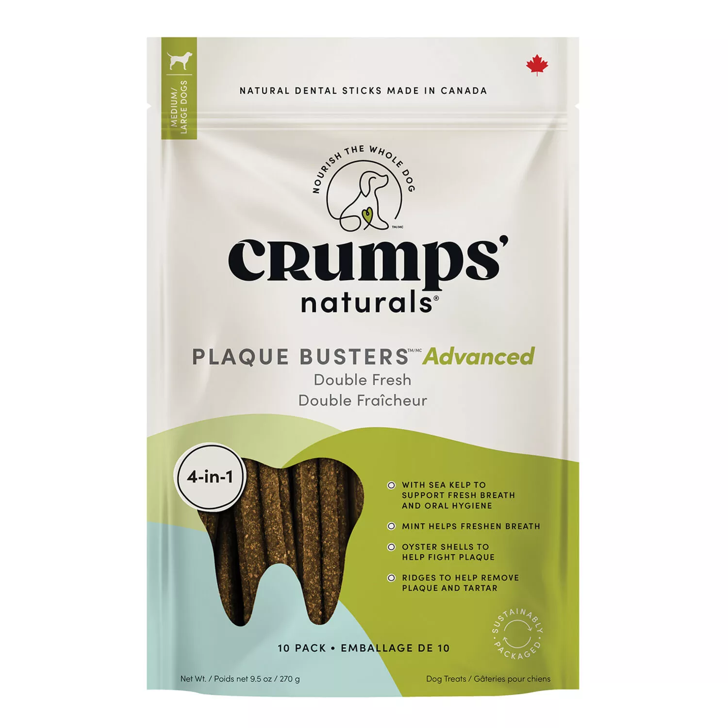 Crumps' Naturals, Plaque Busters - Advanced Double Fresh Kelp Dental Sticks - 10 pk - 270 g - Dog Tr
