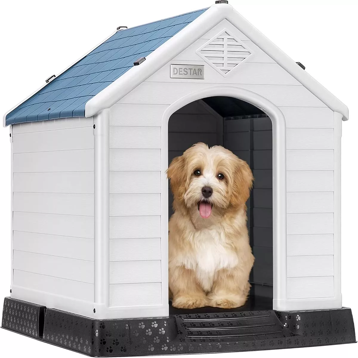 DEStar Durable Waterproof Plastic Pet Dog House Indoor Outdoor Puppy Shelter Kennel with Air Vents and Elevated Floor (Large – 33″ Height)
