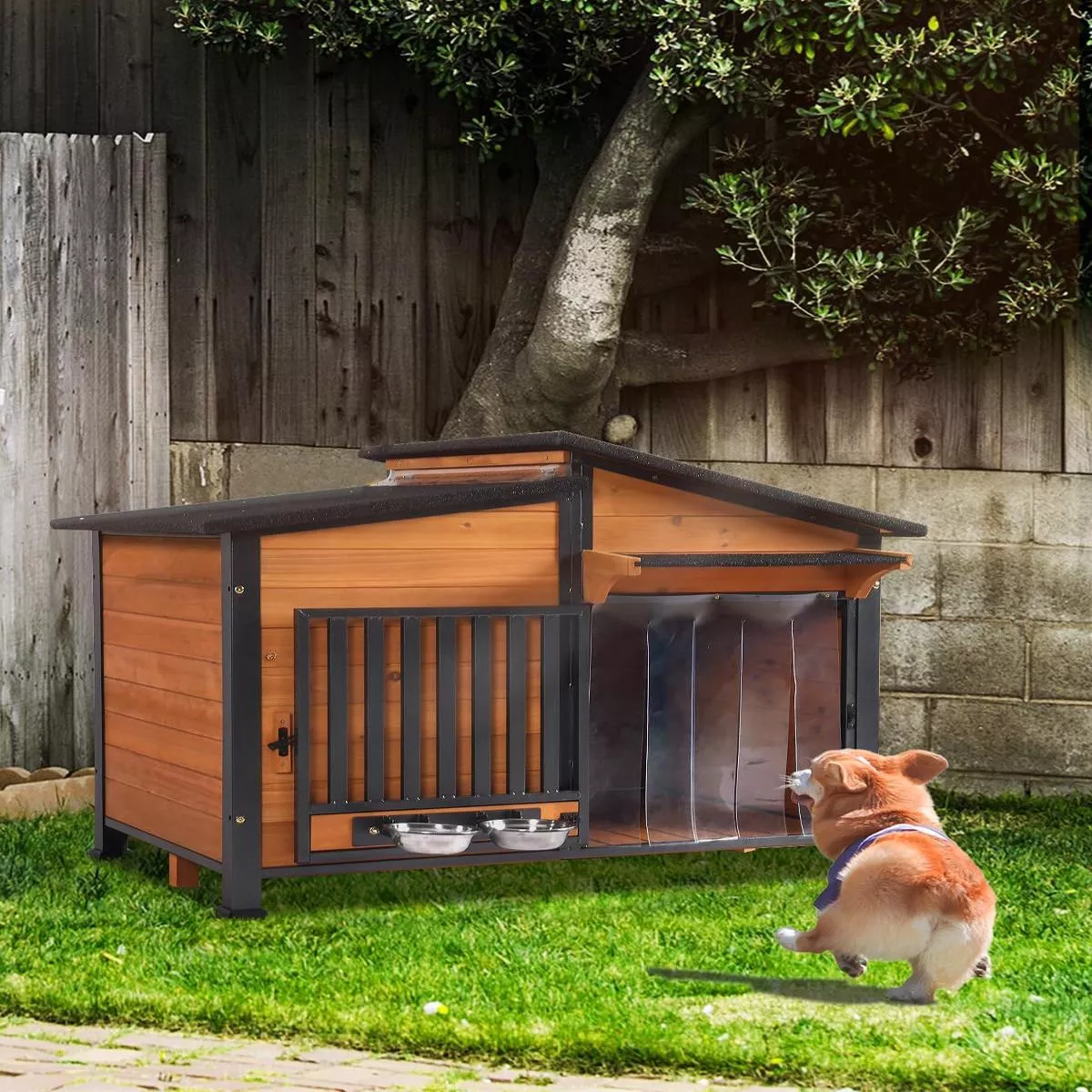 Dog House Outdoor with Bowls Weatherproof Dog Kennel with Anti-Chewing Iron Frame Dog Shelter for Small Medium Dogs(Light Brown)