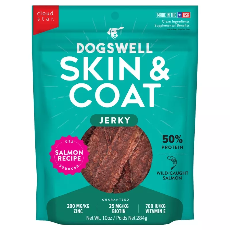 Dogswell Skin & Coat Jerky Dog Treats, Salmon, 10 oz. Pouch
