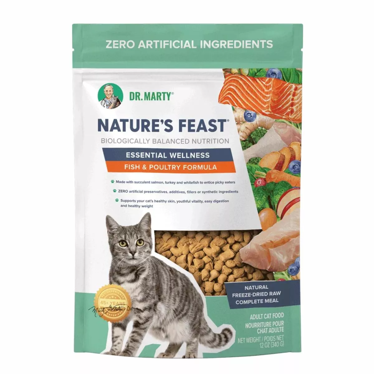 Dr. Marty Freeze Dried Raw Cat Food Fish & Poultry Essential Wellness Nature's Feast 12 oz