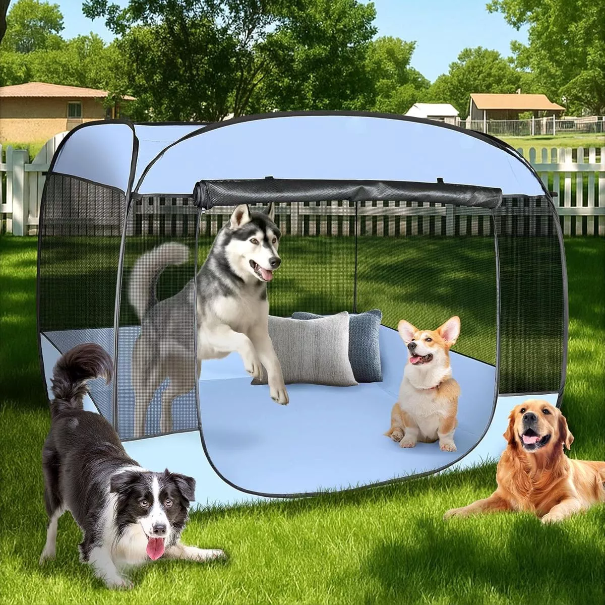 EighteenTek XLarge Popup Portable Dog Houses, 5.3’x4’H Assembly-Free Gazebo-Style Dog Cot Cat Playpen Screen Pet Tent Sun Shade Shelter Dog Bed with Canopy for Outdo