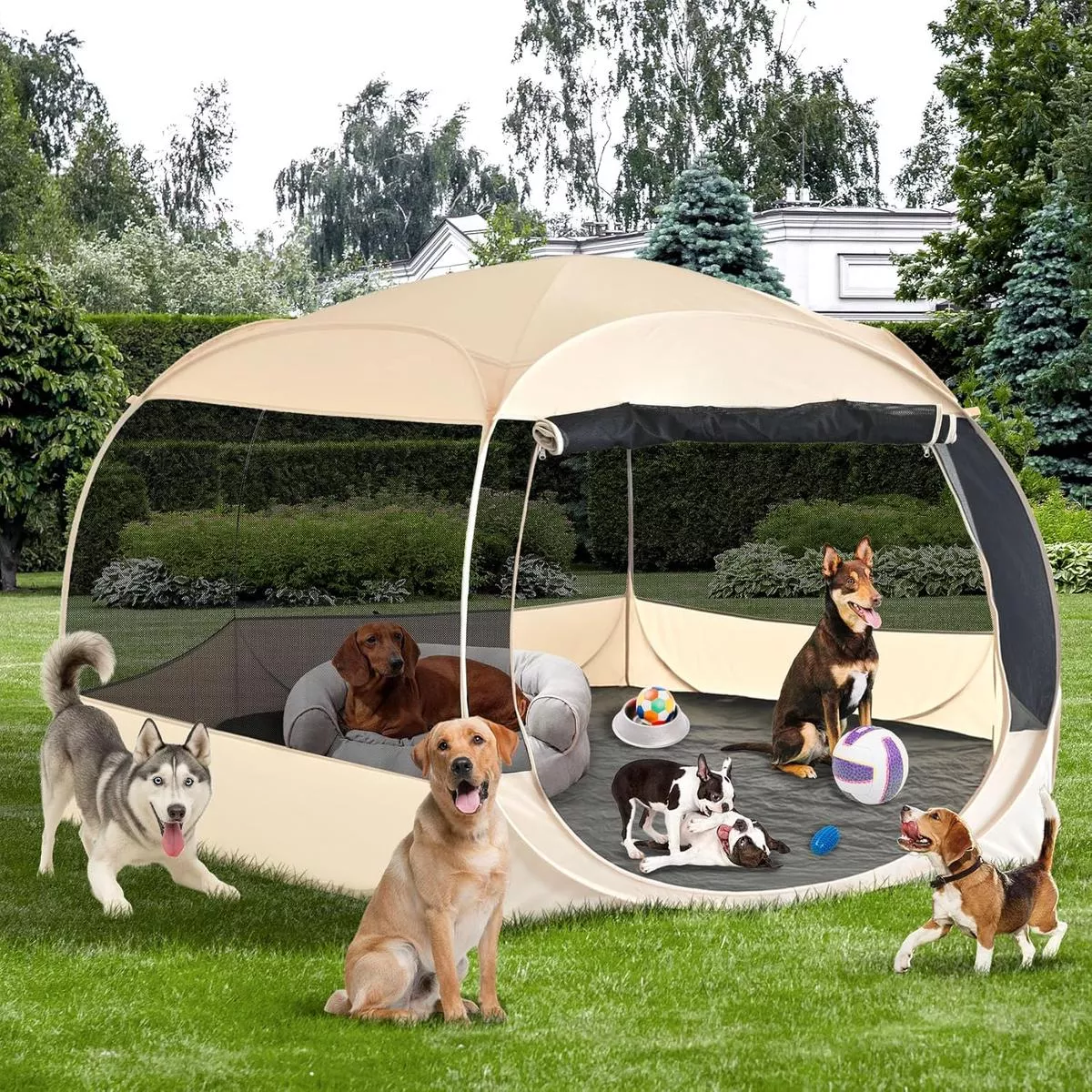 EighteenTek XXLarge Popup Portable Dog Houses, 10’x4.8’H Assembly-Free Gazebo-Style Dog Cot Cat Playpen Screen Pet Tent Sun Shade Shelter Dog Bed with Canopy for Out
