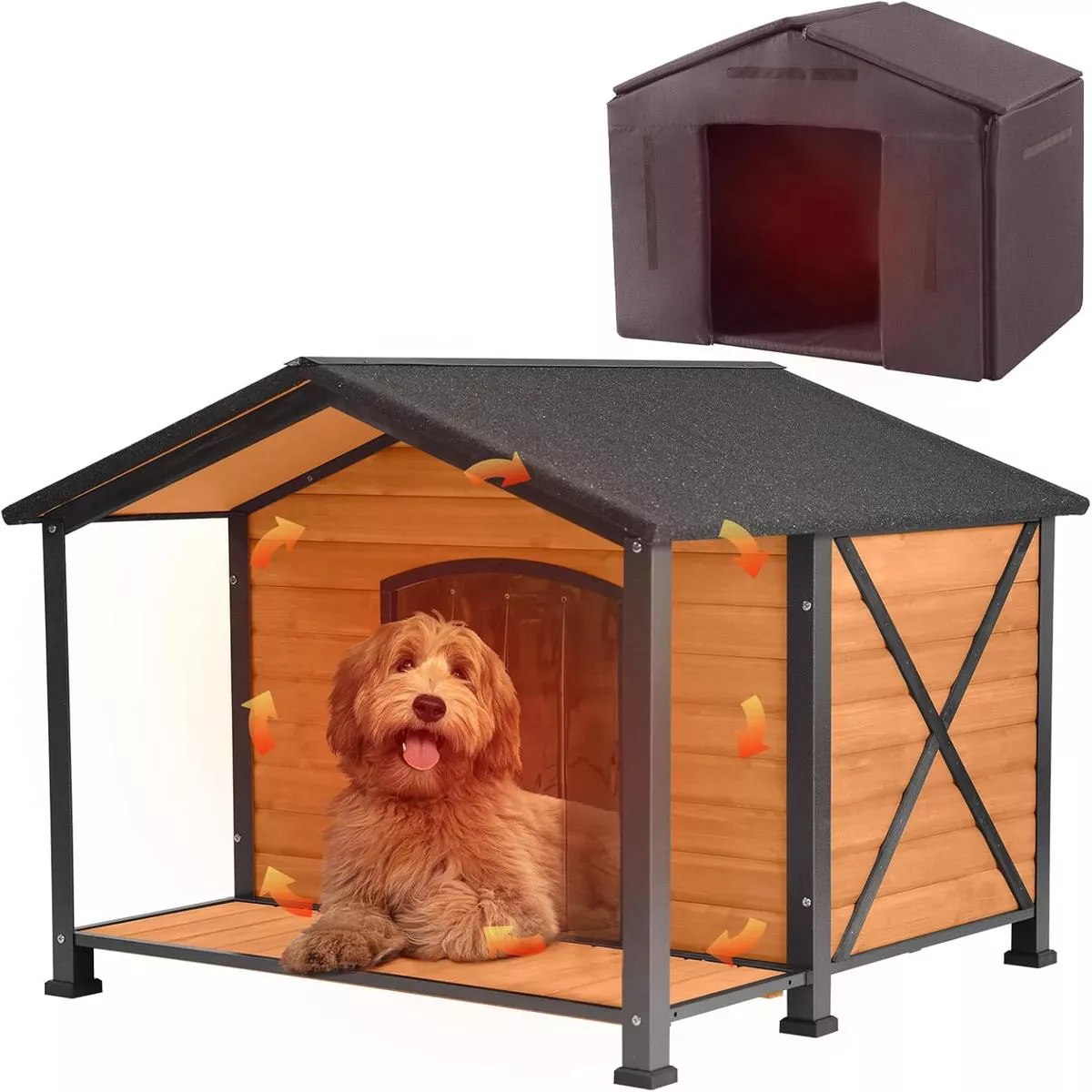 Extra Large Dog House Outdoor & Indoor, Insulated Liner Dog Kennel Weatherproof for Winter, 6 Sides All-Round Foam with Strong Metal Chew Proof Frame, for Small Medi