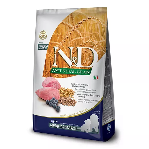 Farmina Natural & Delicious Ancestral Grain Canine Puppy Medium & Maxi Dog Food Formula - Lamb & Blueberries
