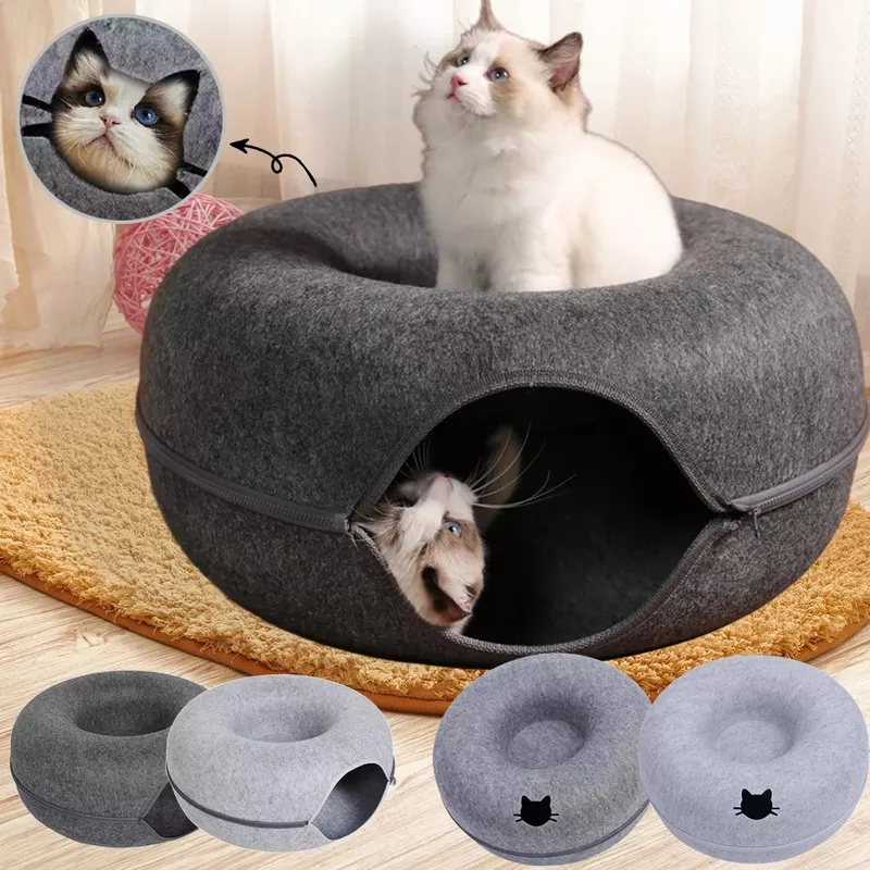Felt Donut Bed for Cats House With Breather Hole Dog Bed Interactive Play Toys for Cats to Hide 2 in 1 Tunnel for Cats Bed Light Grey with hole