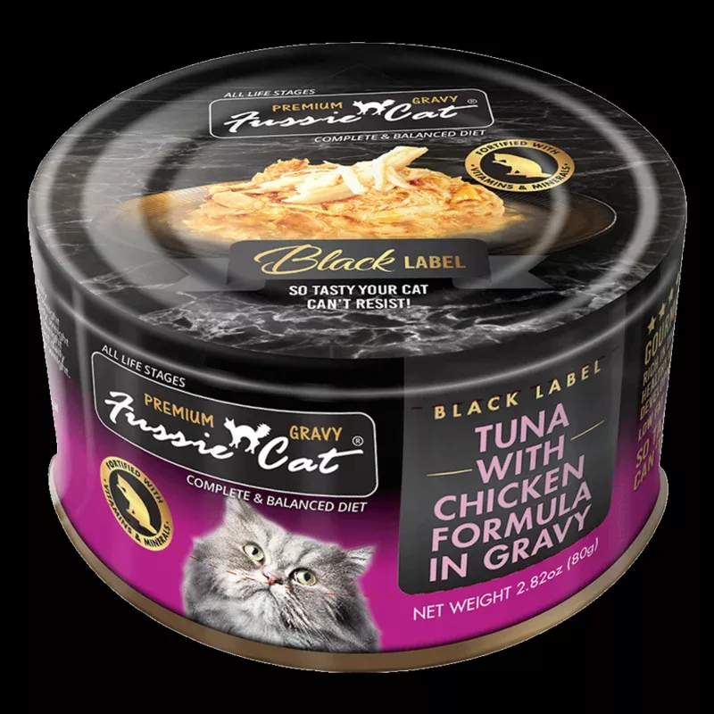 Fussie Cat Black Label Tuna with Chicken Formula in Gravy Canned Cat Food, 2.82-oz