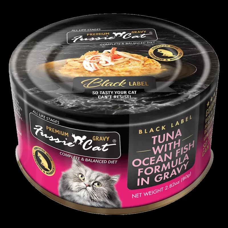 Fussie Cat Black Label Tuna with Oceanfish Formula in Gravy Canned Cat Food, 2.82-oz