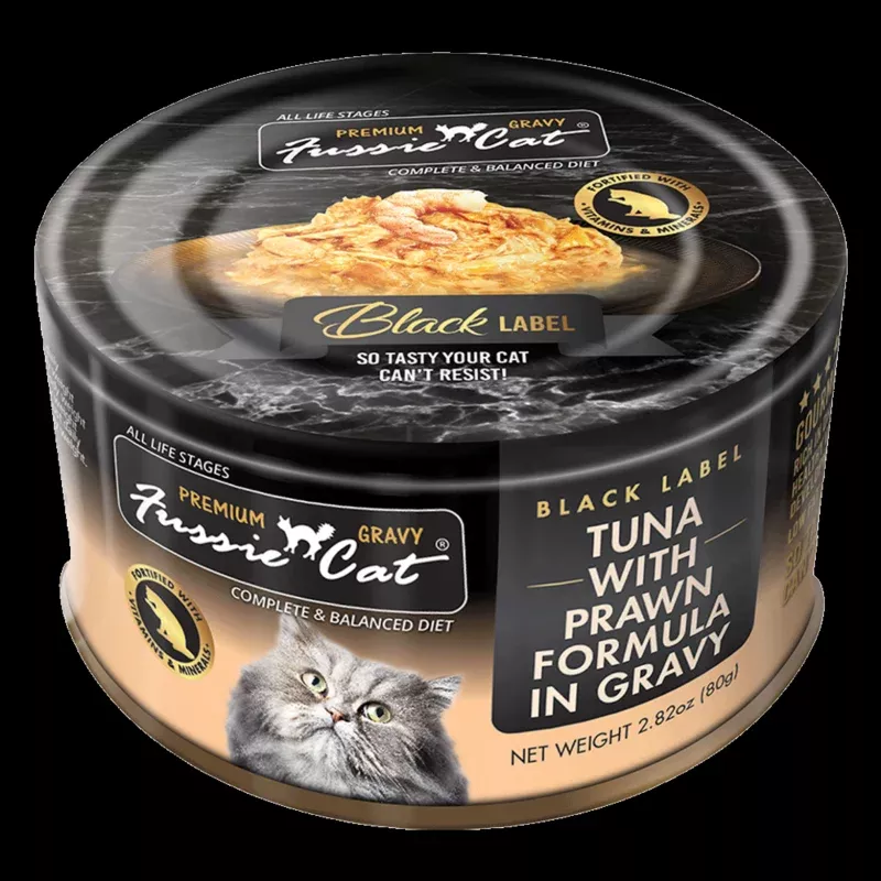 Fussie Cat Black Label Tuna with Prawns Formula in Gravy Canned Cat Food, 2.82-oz