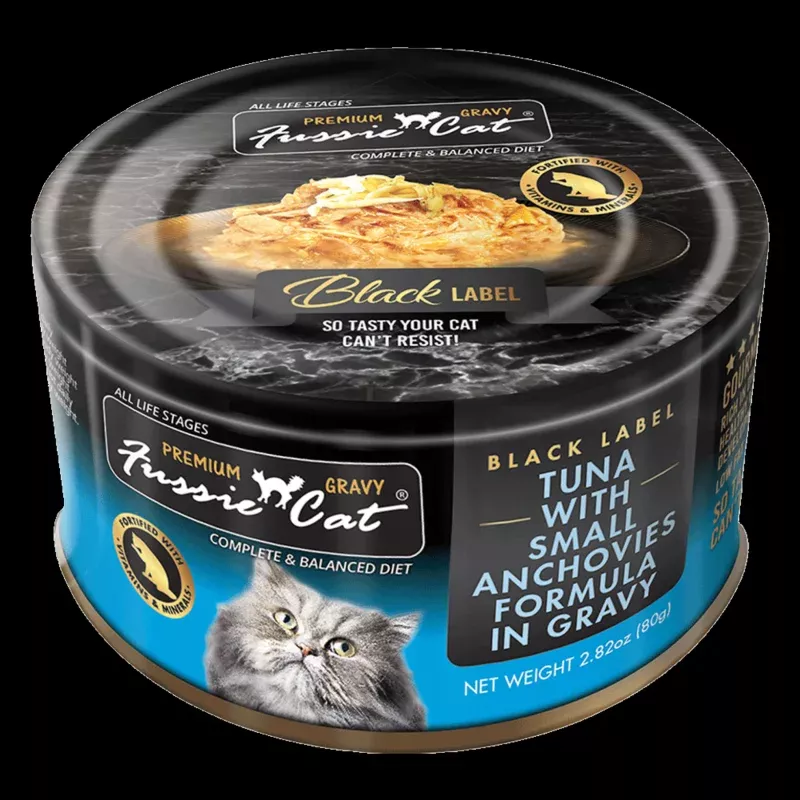 Fussie Cat Black Label Tuna with Small Anchovies Formula in Gravy Canned Cat Food, 2.82-oz