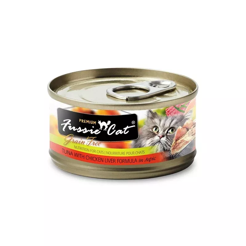 Fussie Cat Premium Grain Free Wet Cat Food – Tuna with Chicken Liver 2.8oz Can