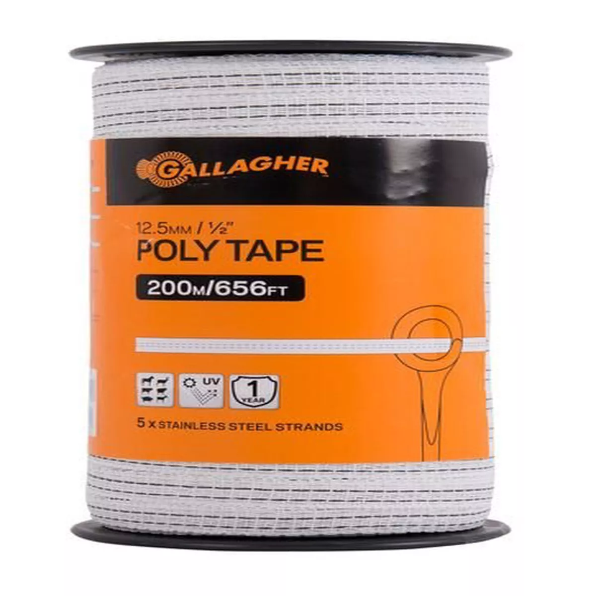 Gallagher 1/2" Poly Tape, 656 ft Lightweight Electric Fence Tape, Five Conductive Strands, Lightweight and UV-Resistant, Ideal for Horses and Livestock on Short Fence Lin