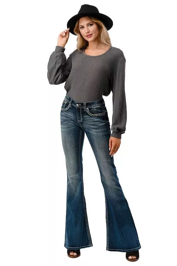 Grace in LA Women's Western Aztec Embellished Mid Rise Flare Jeans