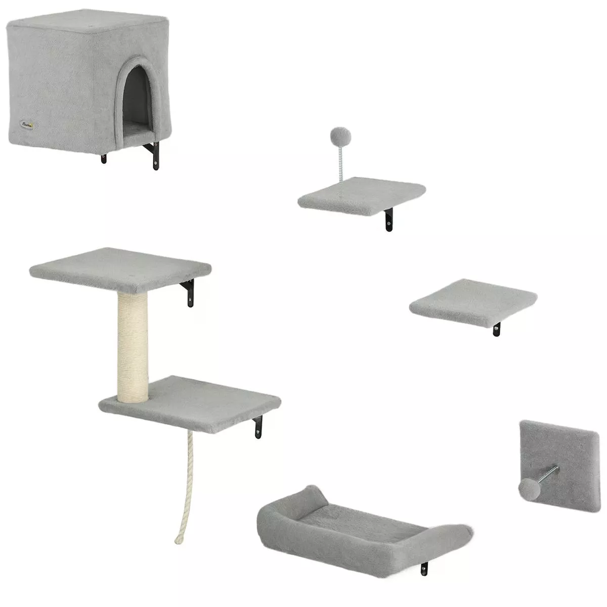 Grey 6 Piece Cat Wall Shelves Set with Bed Scratching Post and Toy Ball by PawHut