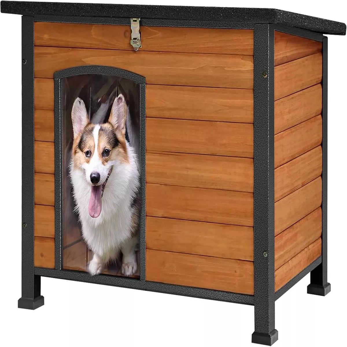 GUTINNEEN Chew Proof Dog House with Metal Iron Frame Outdoor Dog Kennel for Small Medium Large Indoor Dog Cage (43.3″ L,Brown Color)