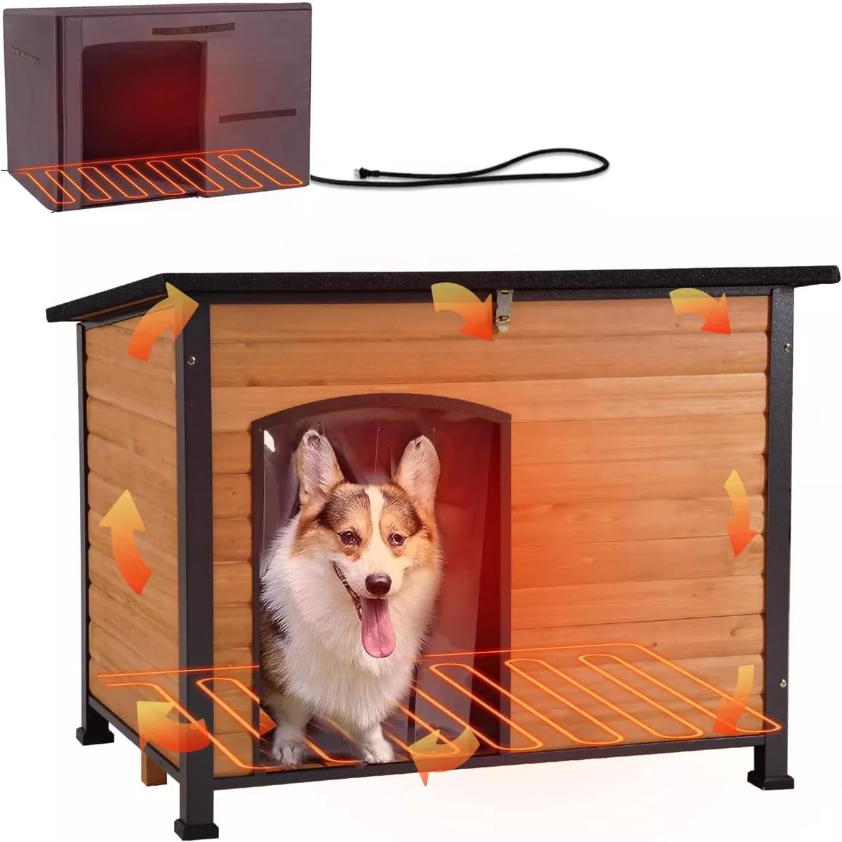 GUTINNEEN Heated Dog House Outdoor 35.5″ Large Dog Kennel with Metal Frame Insulated Dog Crate Cage for Large Dogs Outside with Heater and Insulated Liner, Brown