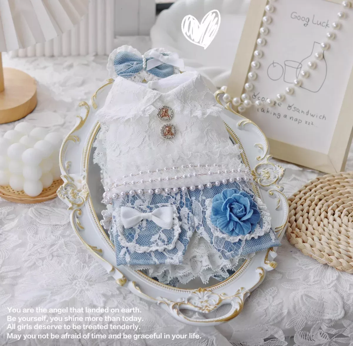 Handmade Elegant Dog Dress Blue Lace Flower Outfit
