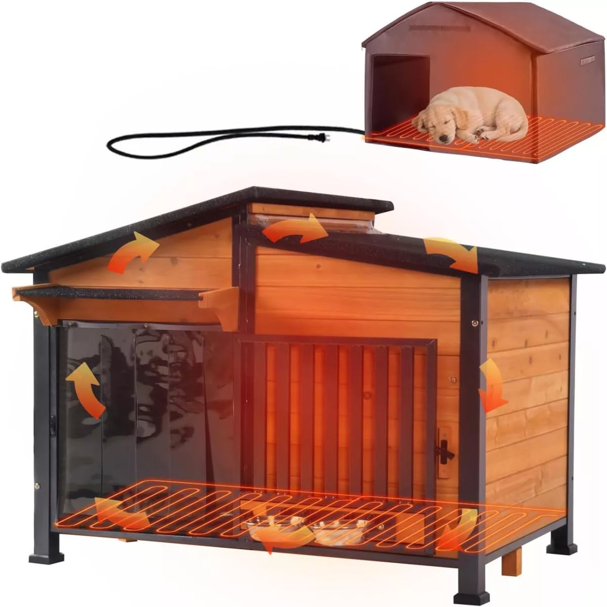 Heated Dog House Outdoor with Bowls Weatherproof Dog Kennel with Heating Pad Anti-Chewing Iron Frame Dog Shelter for Small Medium Dogs(Wooden Brown)