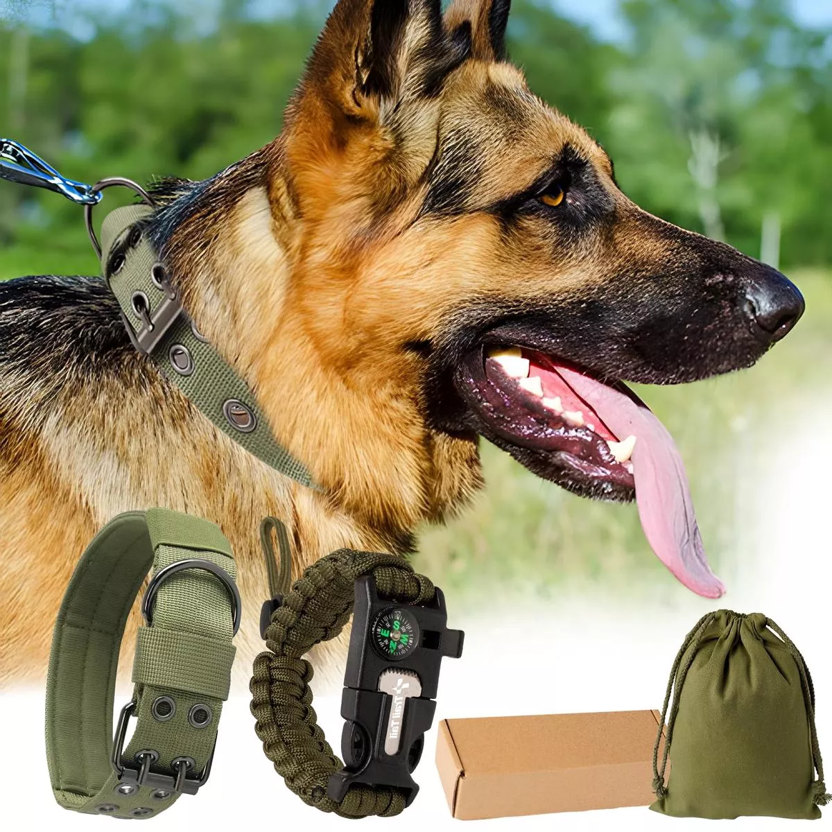 Heavy Duty Dog Collar Tactical Dog Collar Thick Dog Collar with Paracord Survival Bracelet Heavy Duty Metal Buckle and Patches Suitable German Shepherd Pitbull Rottweiler (Brown L)
