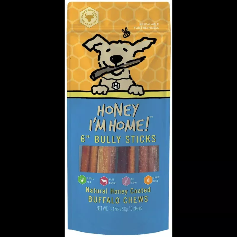 Honey I'm Home 6" Buffalo Bully Sticks Natural Honey Coated Chews Grain-Free Dog Treats 5 pk