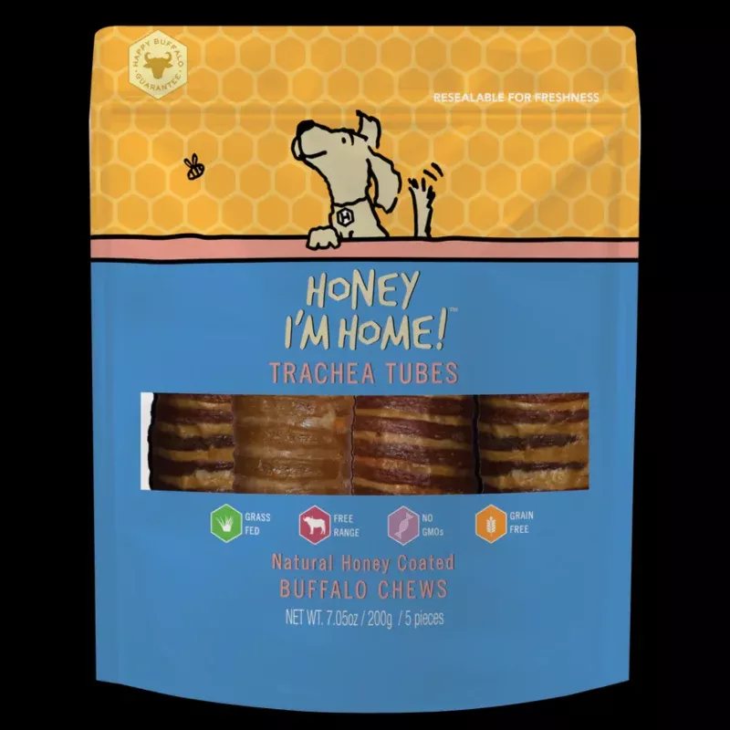 Honey I'm Home Buffalo Trachea Tubes Natural Honey Coated Chews Grain-Free Dog Treats 5 pk