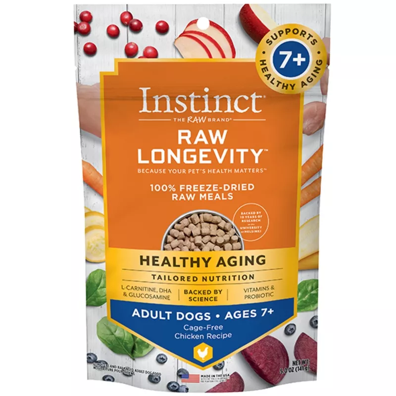 Instinct Raw Longevity 100% Freeze-Dried Raw Meals Cage-Free Chicken Recipefor Adult Dogs Ages 7+ 5oz Bag
