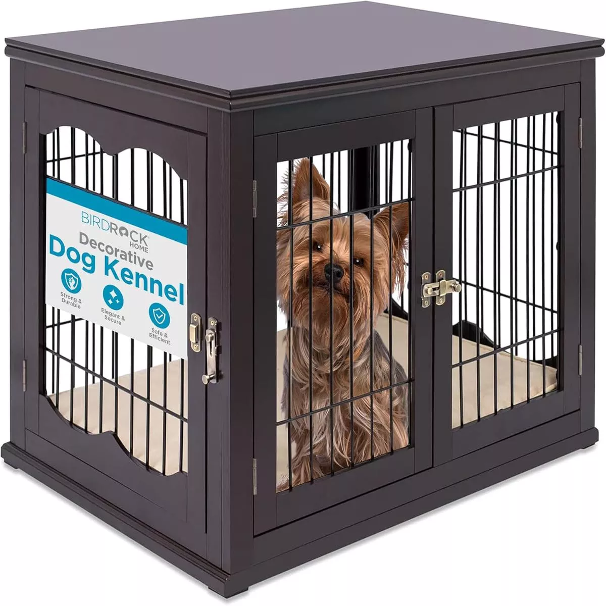INTERNET’S BEST Decorative Dog Kennel with Pet Bed, Small Pet House, Double Door Indoor Crate, Engineered Wood & Wire Furniture, Side Table & Nightstand, Fits Small