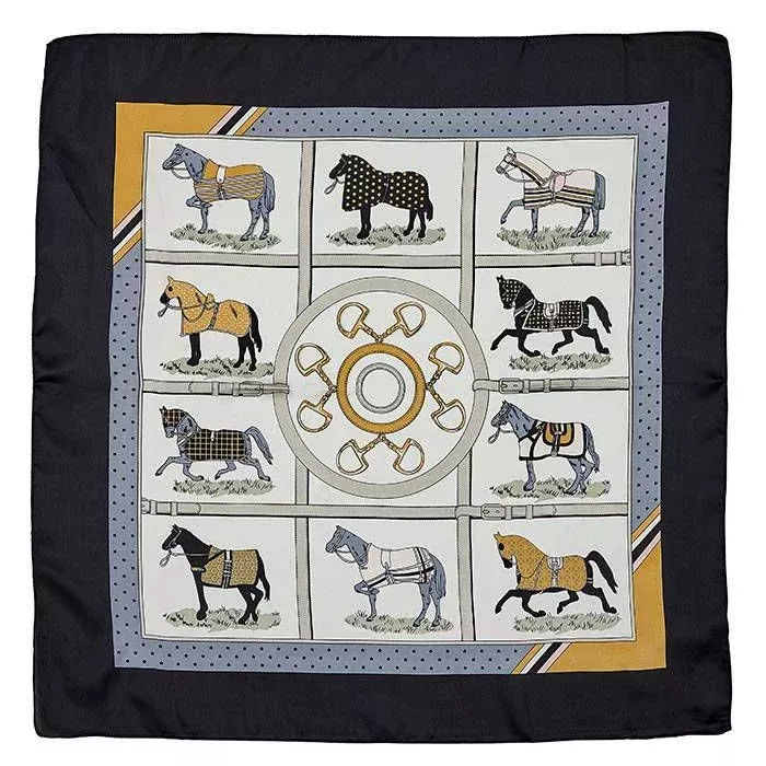Kelley Horses in Blankets Satin Scarf 28" X 28" Bl